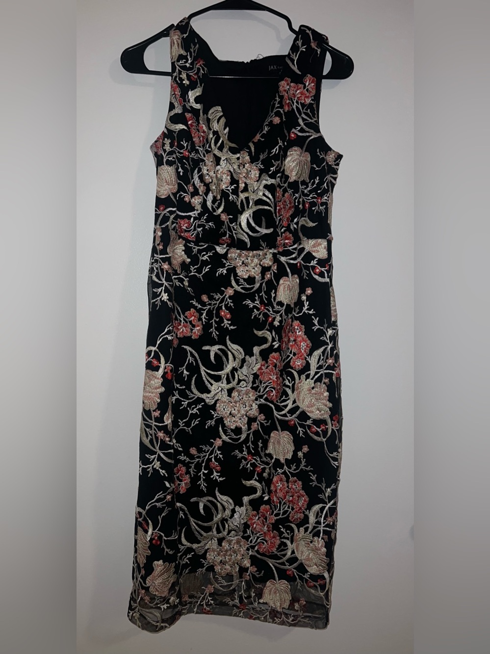Jax Black Midi Dress with Cream and Red Floral Embroidery